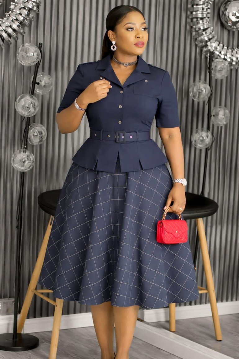 Navy Blue Peplum Top & Flared Skirt Set